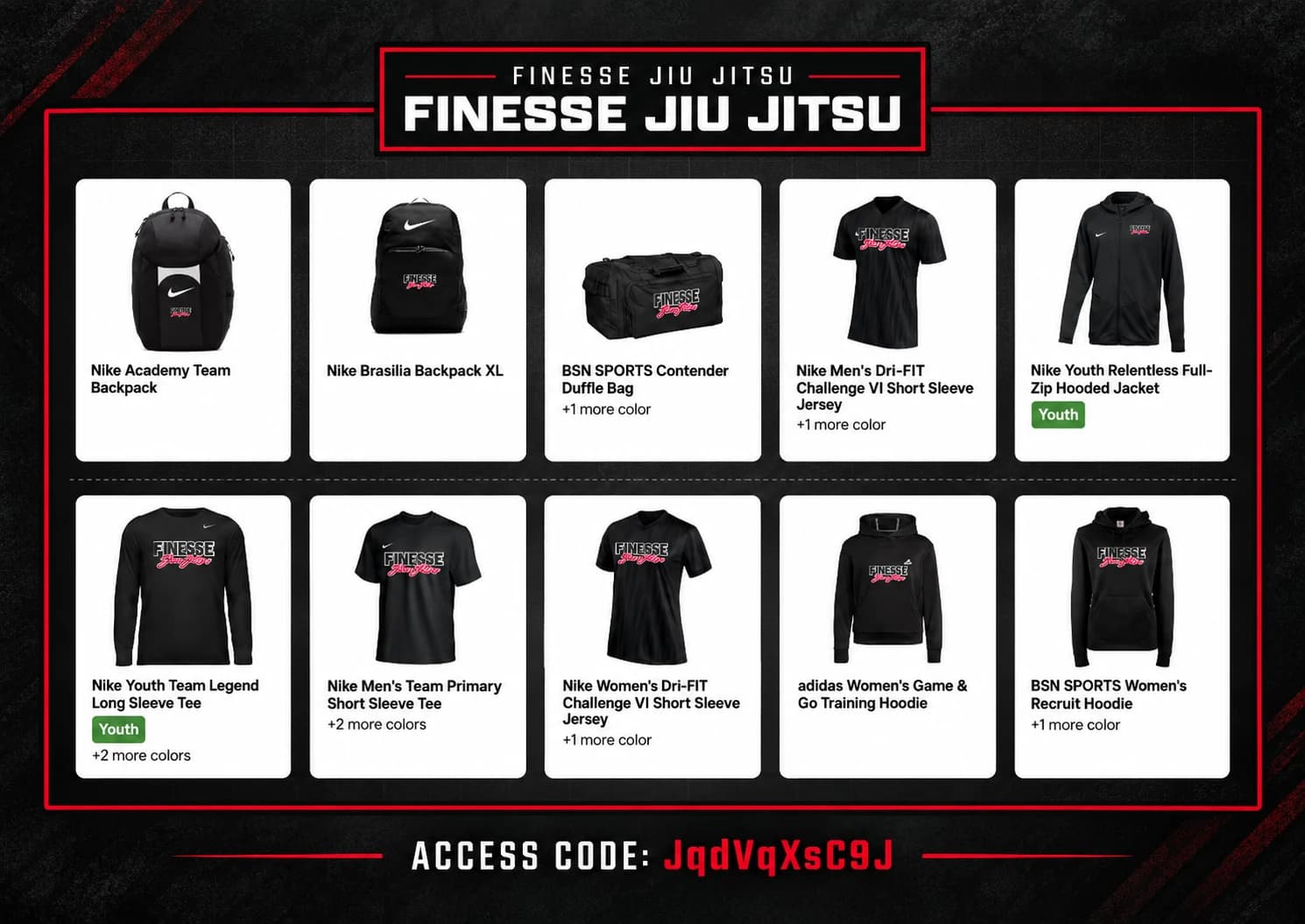Finesse Jiu Jitsu team store merchandise flyer