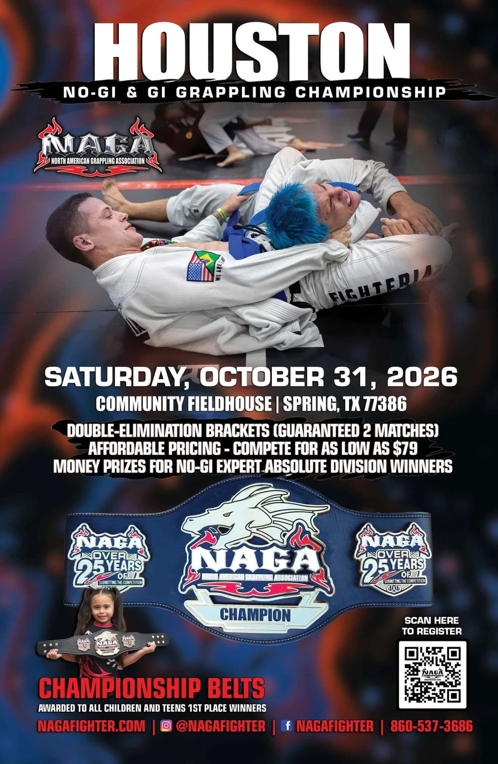 NAGA Houston Grappling Championship official flyer: Saturday, October 31, 2026, Community Fieldhouse, Spring, TX