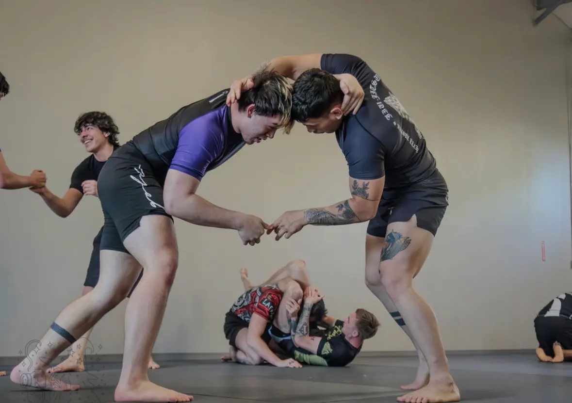 Training partners practicing standing grappling